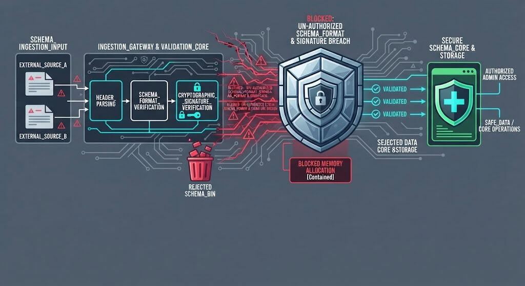 Technical flow diagram detailing the implementation of cryptographic schema signing to prevent LLM prompt injection attacks.