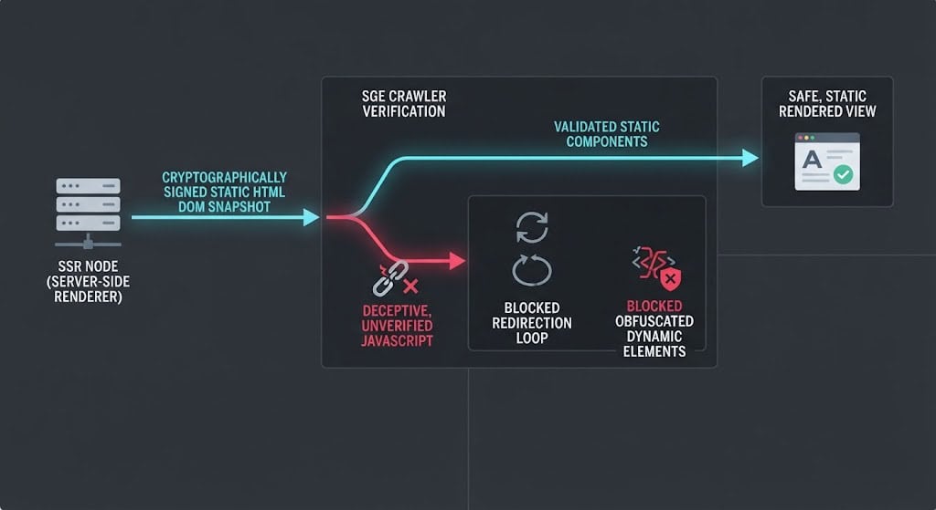 Architecture diagram of server-side DOM snapshotting and dynamic verification blocking CVE-2026-1178 render-path obfuscation.
