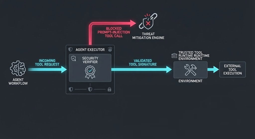 Architecture diagram of LangChain AgentExecutor validating tool signatures to prevent CVE-2026-1155 prompt-injection attacks.