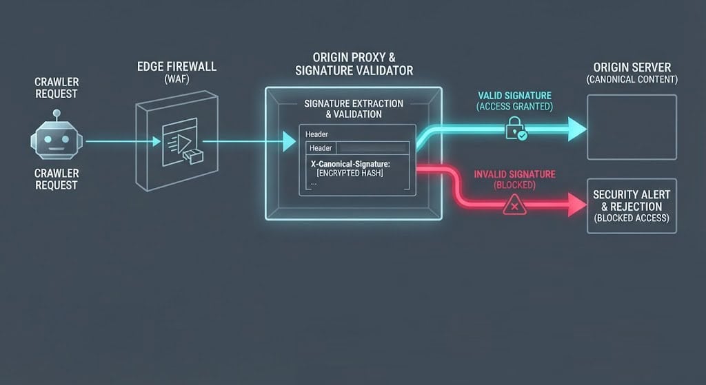 Technical diagram of the Signed-Canonical Header validation architecture protecting search Generative Experience crawlers from HTTP-header injection vulnerability CVE-2026-7722.