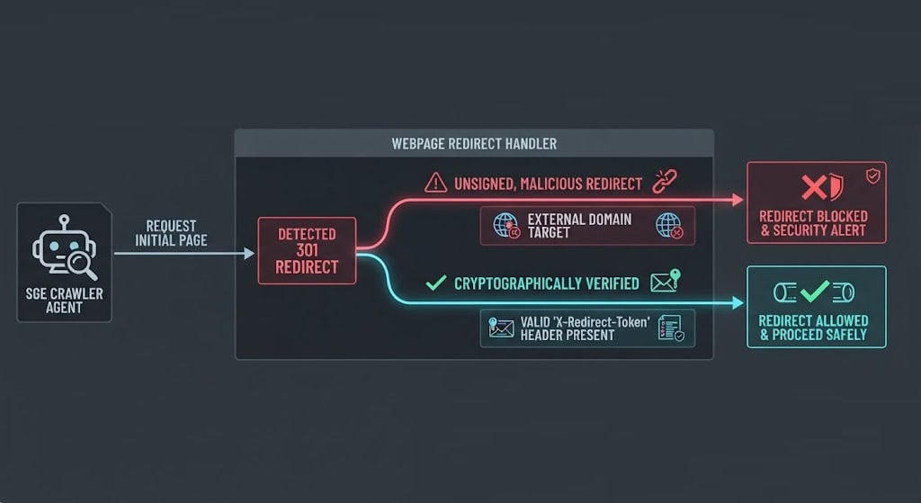 Architectural diagram showing cryptographically signed redirects protecting search generative engine GEO rankings against click-jacking redirect CVE-2026-1182.