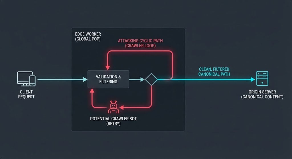 Architecture diagram of an Edge-Worker detecting cyclic query parameters and returning an X-Robots-Tag to prevent crawl budget exhaustion.