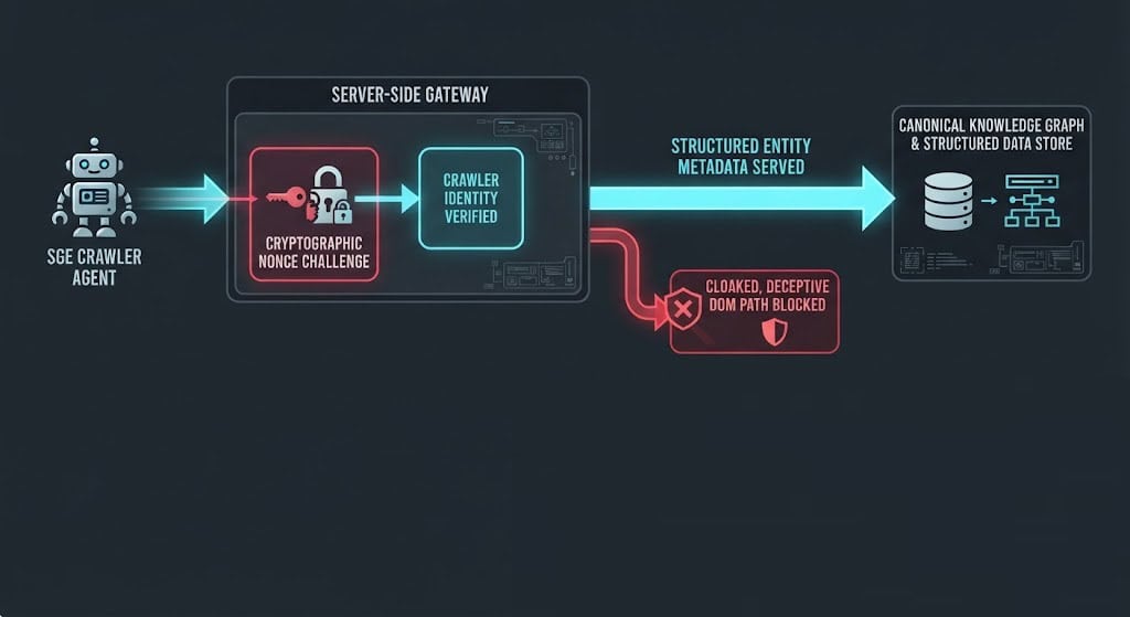 Diagram of server-side crawler verification challenging SGE crawlers to block CVE-2026-5521 DOM-cloaking attacks.