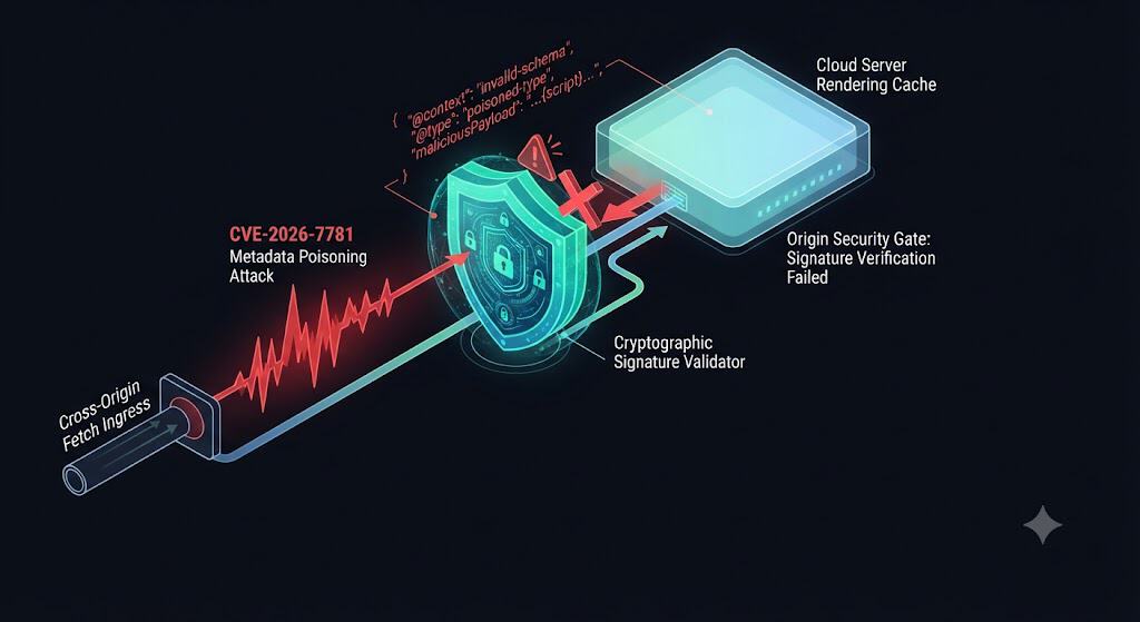 Technical block diagram illustrating an origin server blocking CVE-2026-7781 cross-origin schema injections via strict CORS and cryptographic schema-signing.