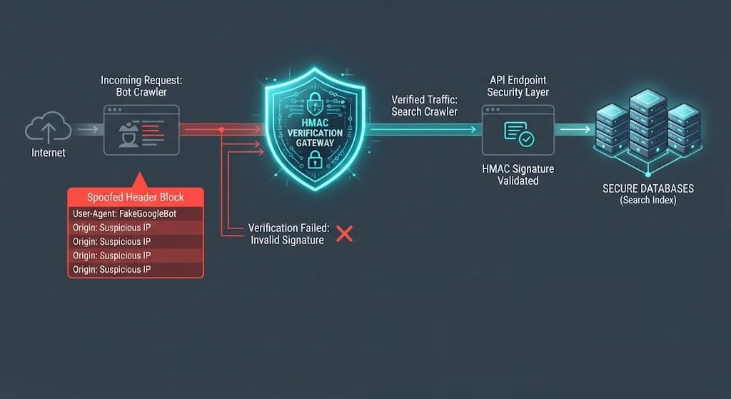 Technical illustration of Request-Origin Cryptographic Handshaking at the edge to prevent SGE crawl-engine referer-manipulation and data exfiltration.