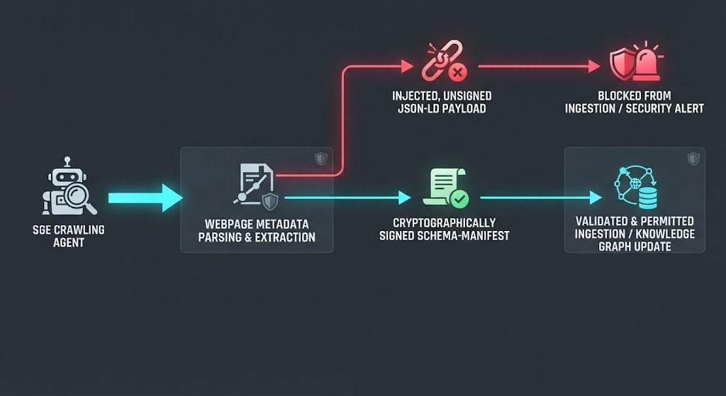 Diagram of schema-data integrity validation verifying JSON-LD metadata signatures to block SGE SERP manipulation.