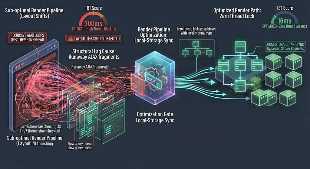 Technical schematic illustrating The7 theme WooCommerce AJAX fragment loop optimizations, featuring local-storage cart synchronization to prevent server worker exhaustion.