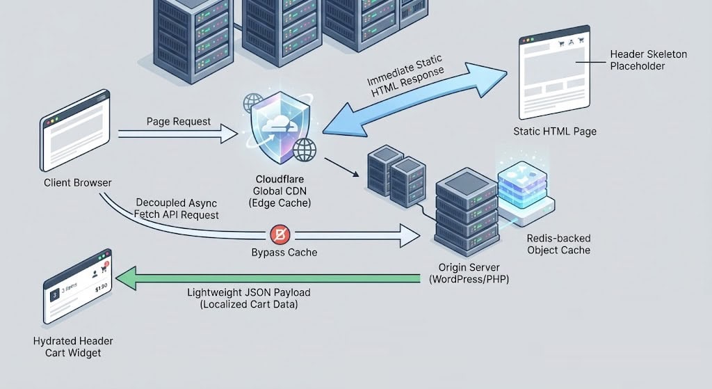 Architecture diagram showcasing WooCommerce static edge caching coupled with asynchronous client side cart hydration