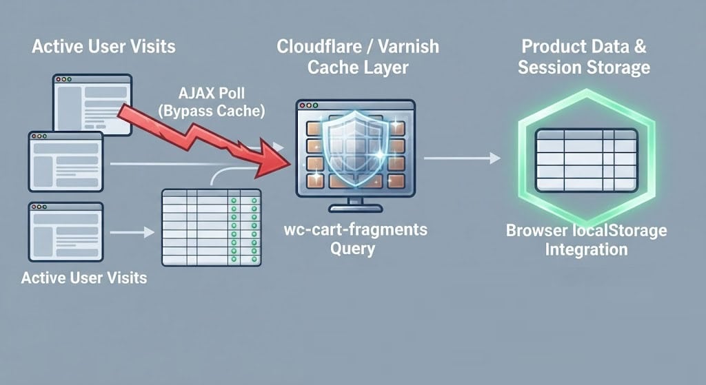 Technical diagram illustrating how to bypass the WooCommerce cart fragments AJAX bottleneck and offload cart metadata to browser localStorage.
