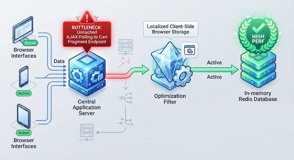Architecture blueprint showing how to replace active wc-ajax get-refreshed-fragments polling with decentralized browser storage and REST API hydration
