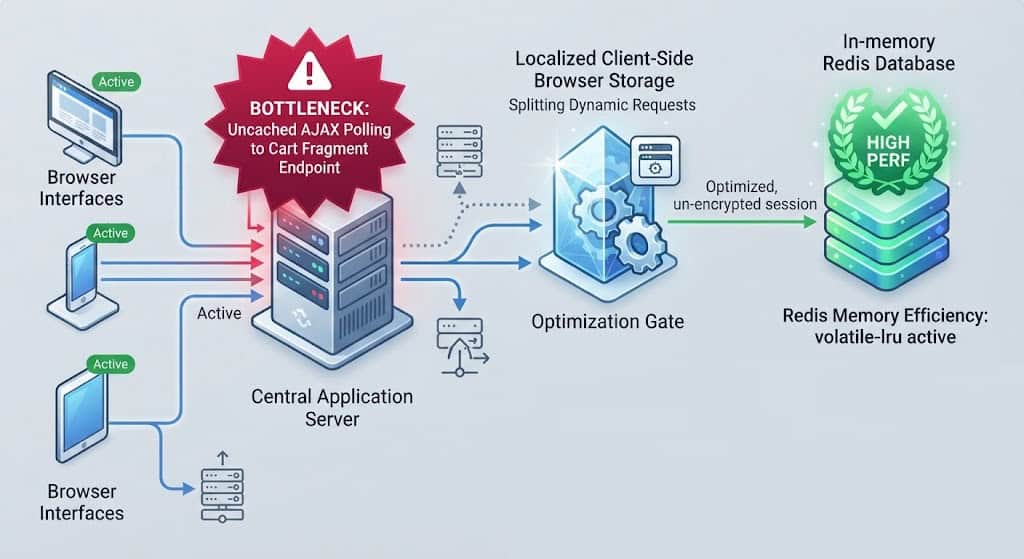 Technical database audit blueprint illustrating how to replace native WooCommerce cart fragments polling with localized browser storage to resolve Redis memory saturation
