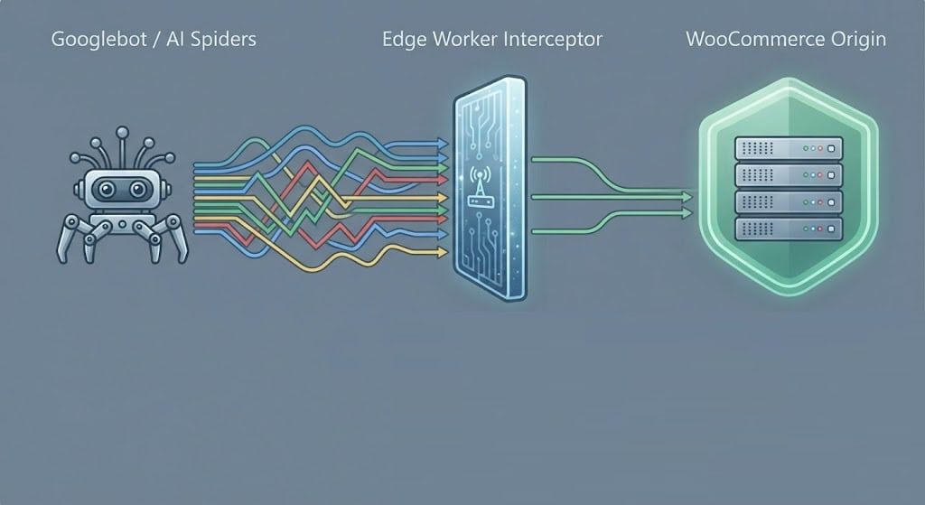 Technical diagram illustrating edge worker interception of infinite crawl traps and faceted search parameter obfuscation in WooCommerce.