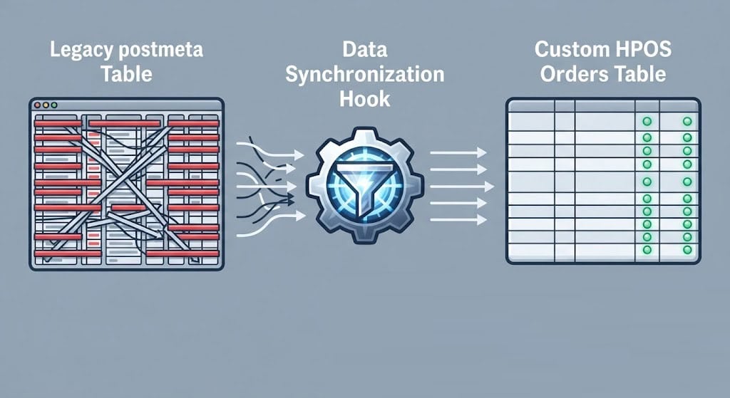 Technical diagram illustrating how to secure WooCommerce HPOS legacy database transitions and prevent postmeta deadlocks.