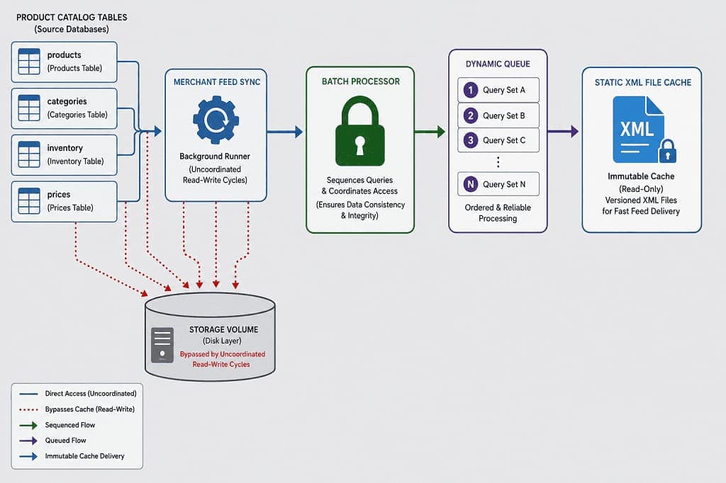 Technical diagram outlining how to establish progressive batch processing and persistent file caching to prevent WooCommerce XML feed generation timeouts.
