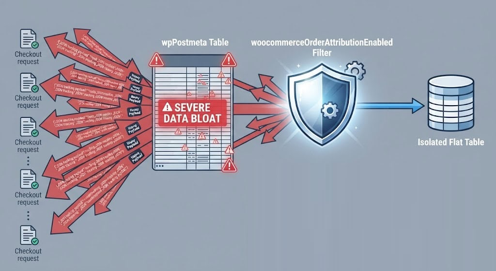 Technical diagram outlining how to disable native WooCommerce order attribution tracking and offload metadata payloads to a secure flat table.