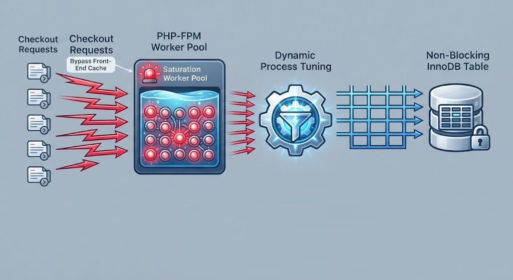 Technical diagram outlining how to secure the WooCommerce PHP-FPM worker pool and prevent process starvation during checkout surges.