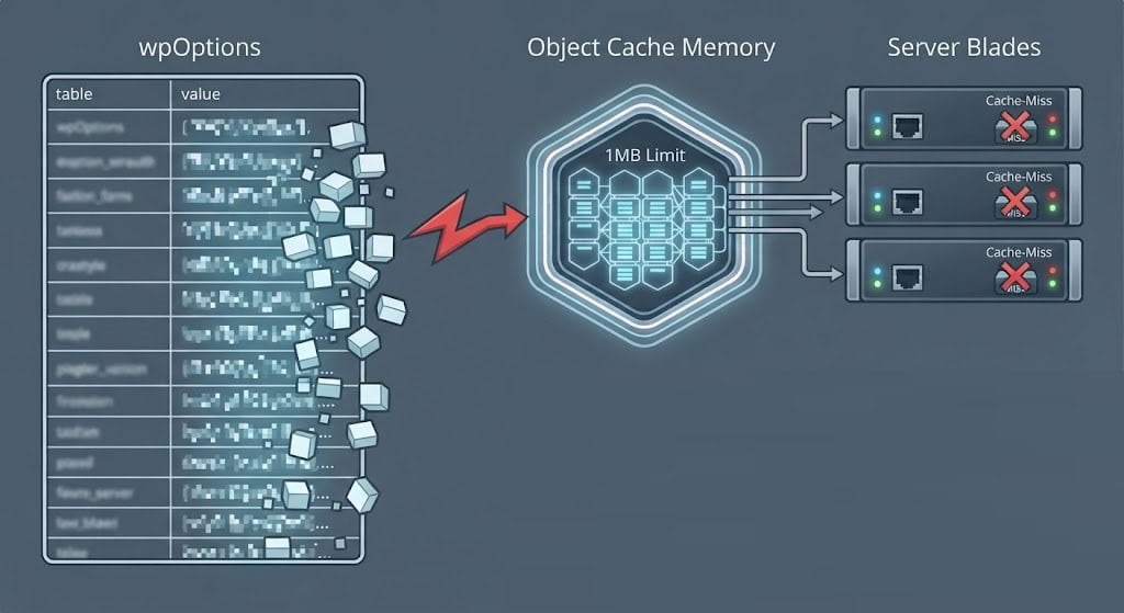 Technical illustration mapping out WordPress autoload options bloat and Memcached object eviction loops.