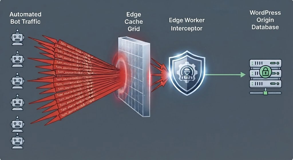 Technical diagram outlining how to configure edge cache rules to drop dynamic query strings and prevent WordPress origin server crashes.