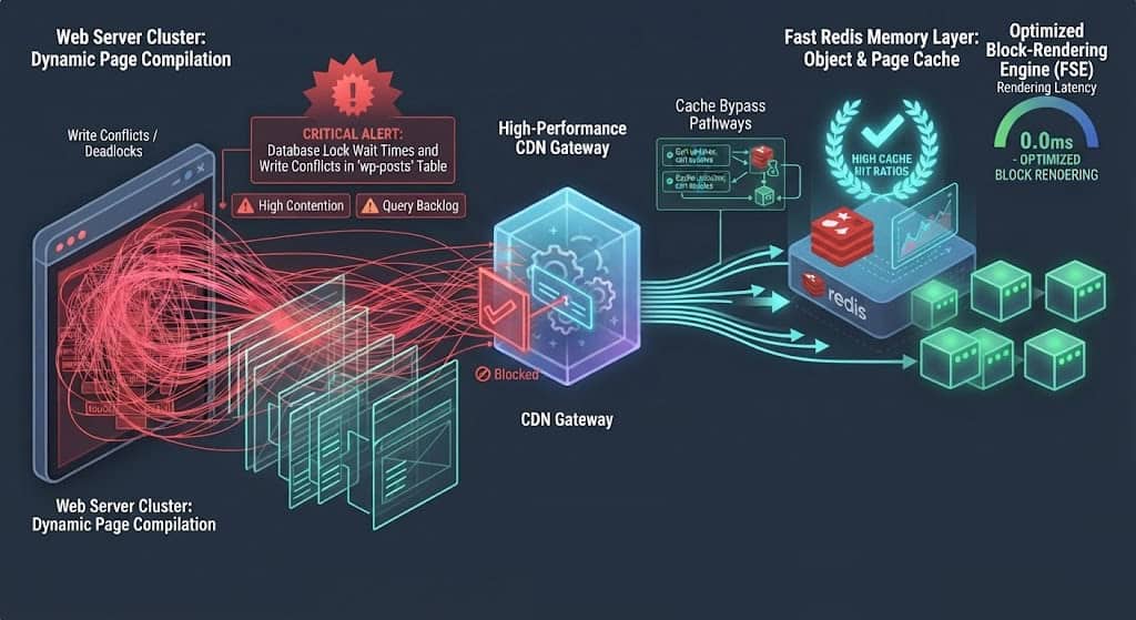 Technical schematic illustrating WordPress Full Site Editing database deadlock mitigations, featuring Redis memory pools and Edge Side Includes to bypass wp-posts write locks.
