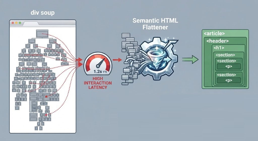 Technical diagram illustrating how to flatten nested Gutenberg block wrappers and reduce DOM node bloat.