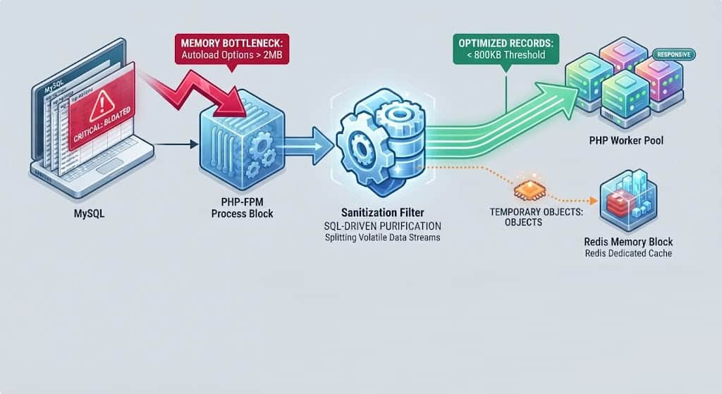 Architecture blueprint showing database memory allocation and the purification of WordPress options table autoload processes