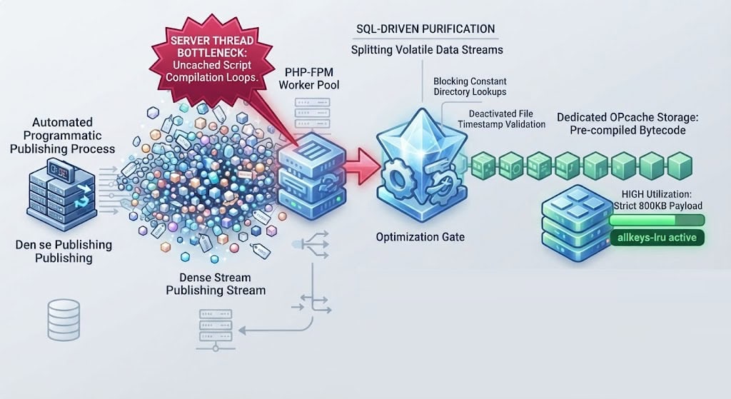Architecture blueprint showing how to prevent PHP OPcache invalidation loops by disabling timestamp validation and locking compiled scripts in system RAM