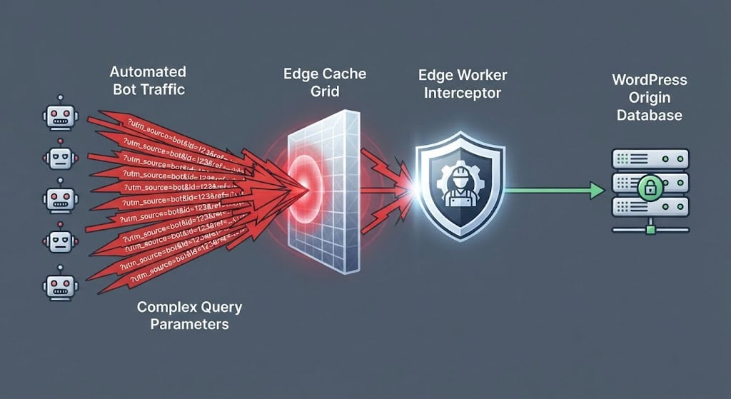 Technical diagram outlining how to configure edge cache rules to drop dynamic query strings and prevent WordPress origin server crashes.