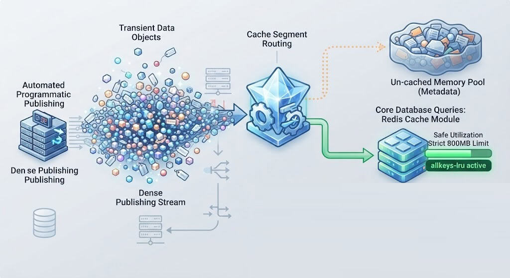 Architecture blueprint showing how to prevent Redis memory eviction loops by establishing strict maxmemory policies and excluding non-essential transient groups