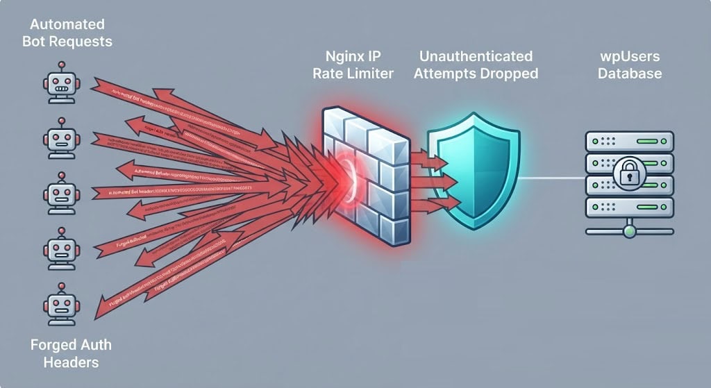 Technical diagram outlining how to configure Nginx IP-based rate limiting on wp-json endpoints and disable Application Passwords in WordPress.