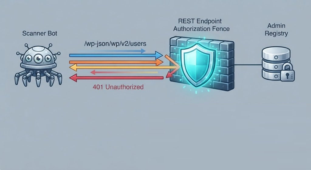 Technical diagram outlining how to secure WordPress REST API endpoints and prevent user enumeration.