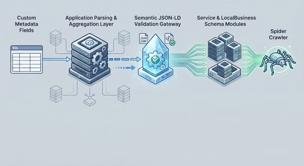 Architecture blueprint showing how to programmatically inject custom JSON-LD schema across WordPress local service layouts to consolidate entity trust signals