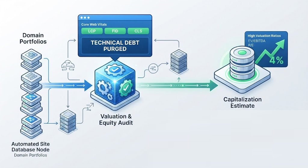 Technical audit blueprint illustrating how to evaluate WordPress search equity, backlink profiles, and technical debt to appraise digital asset capitalization limits