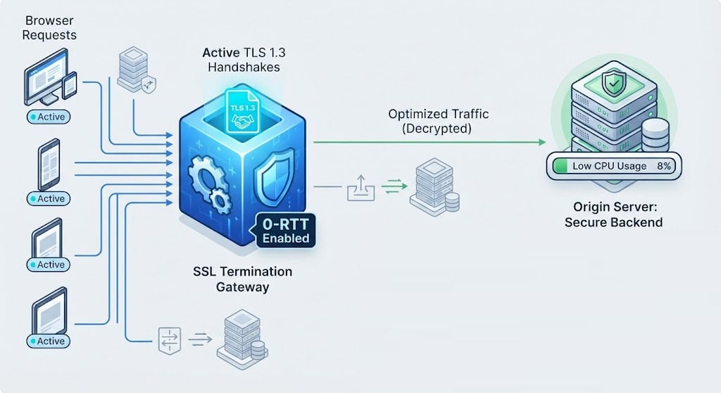 Technical security blueprint illustrating how to optimize WordPress initial connection times by enabling TLS 1.3, SSL termination, and 0-RTT at the CDN edge