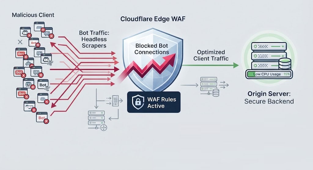 Architecture blueprint showing how to prevent WordPress CPU exhaustion by filtering rogue AI bots at the Cloudflare edge using Layer 7 WAF rule configurations